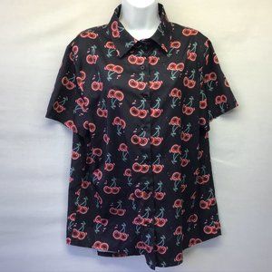 Rom We Women's Top Black Red Cherries Button Up Short Sleeve Hi Low Blouse Sz L